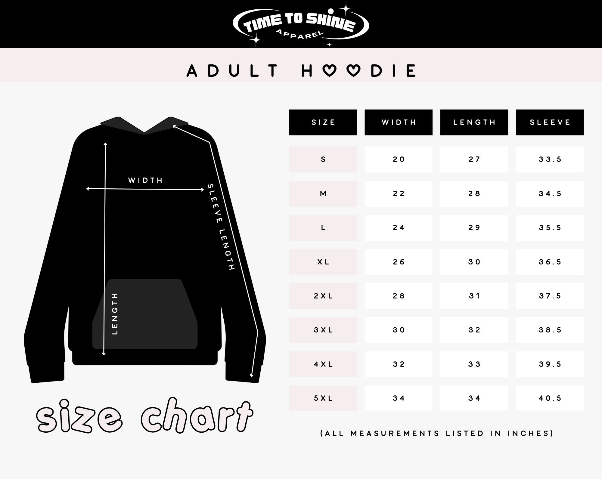 SIZE CHART – TIME TO SHINE APPAREL